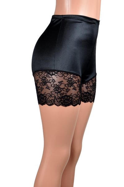 High-Waisted Black Satin Lace Leg Shorts (3.5" inseam)
