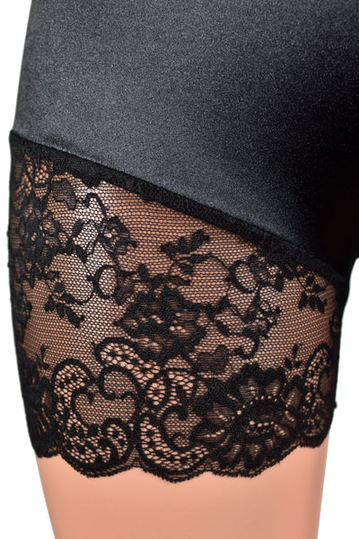 High-Waisted Black Satin Lace Leg Shorts (3.5" inseam)