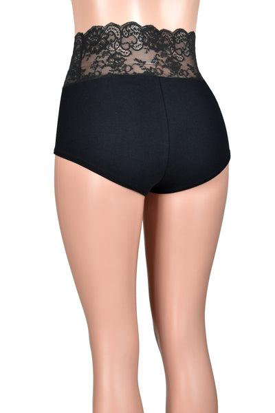 High-Waisted Black Cotton and Lace Booty Shorts