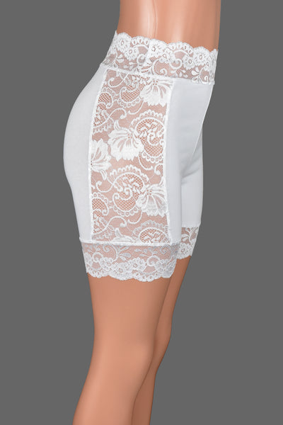 High-Waisted Lace Side White Stretch Lace Shorts (5" inseam)