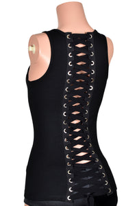 Black Lace-Up Back Extra Long Tank Top