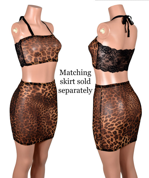 Leopard Mesh and Black Lace Bandeau Halter Top