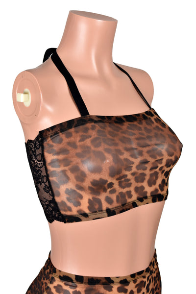 Leopard Mesh and Black Lace Bandeau Halter Top