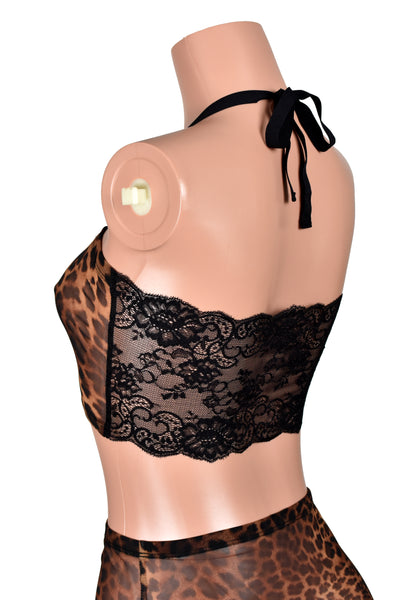 Leopard Mesh and Black Lace Bandeau Halter Top