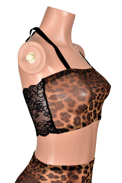 Leopard Mesh and Black Lace Bandeau Halter Top