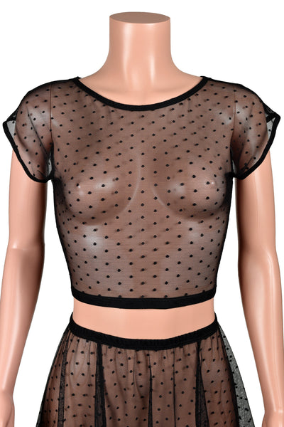 Sheer Black Polka Dot Mesh Crop Top