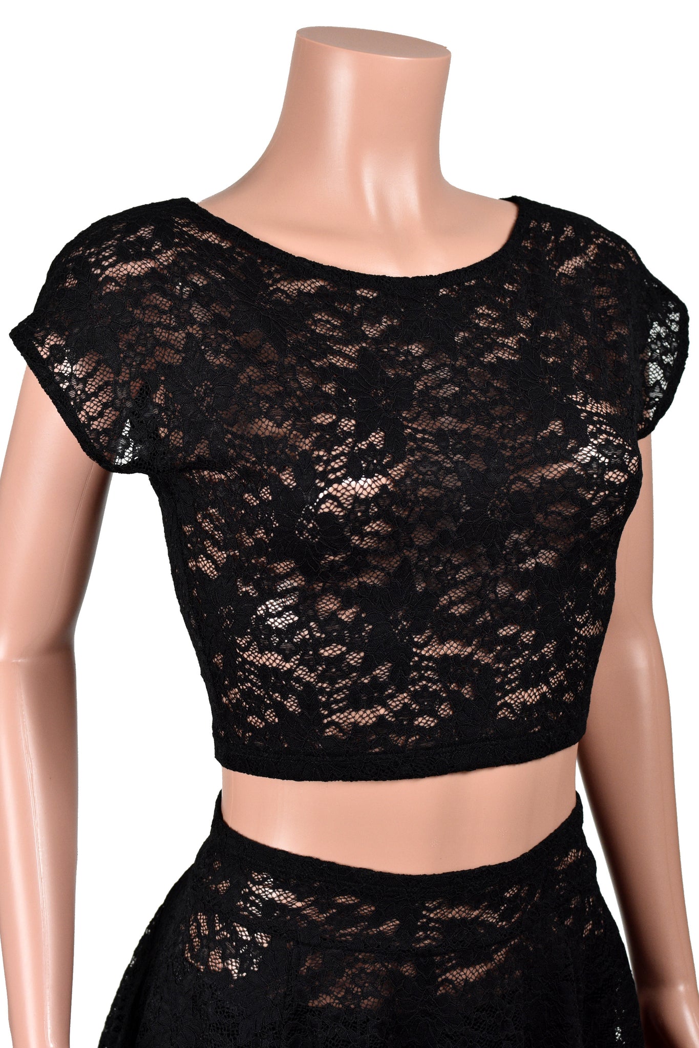 Black Nylon Spandex Stretch Lace Crop Top