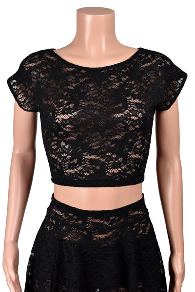 Black Nylon Spandex Stretch Lace Crop Top