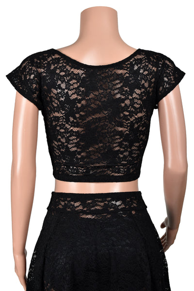 Black Nylon Spandex Stretch Lace Crop Top