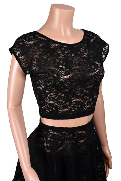 Black Nylon Spandex Stretch Lace Crop Top