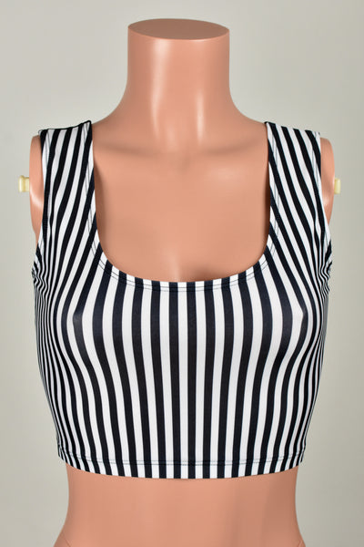 Black and White Striped Spandex Cropped Tank Top