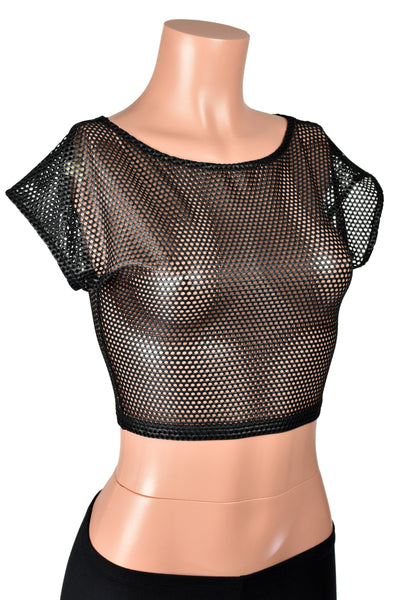 Black Shiny Net Crop Top