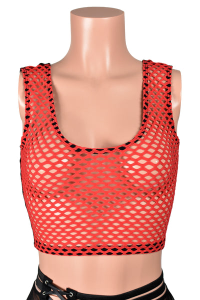 Red and Black Fishnet Front Cropped Tank Top