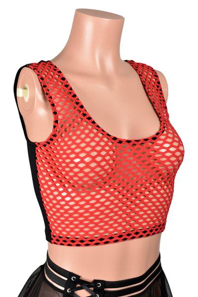 Red and Black Fishnet Front Cropped Tank Top