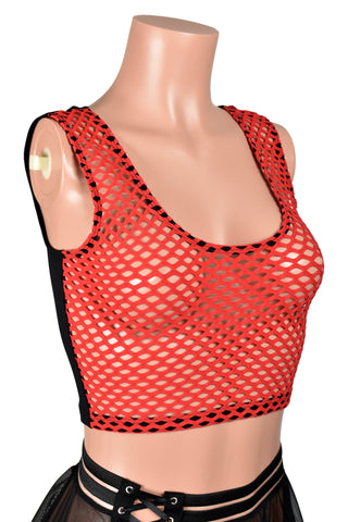 Red and Black Fishnet Front Cropped Tank Top