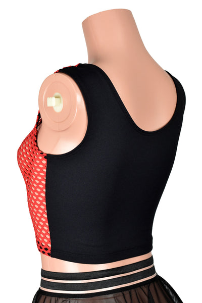 Red and Black Fishnet Front Cropped Tank Top