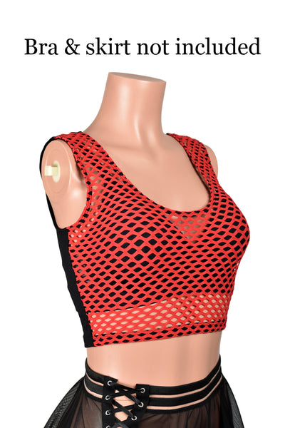 Red and Black Fishnet Front Cropped Tank Top