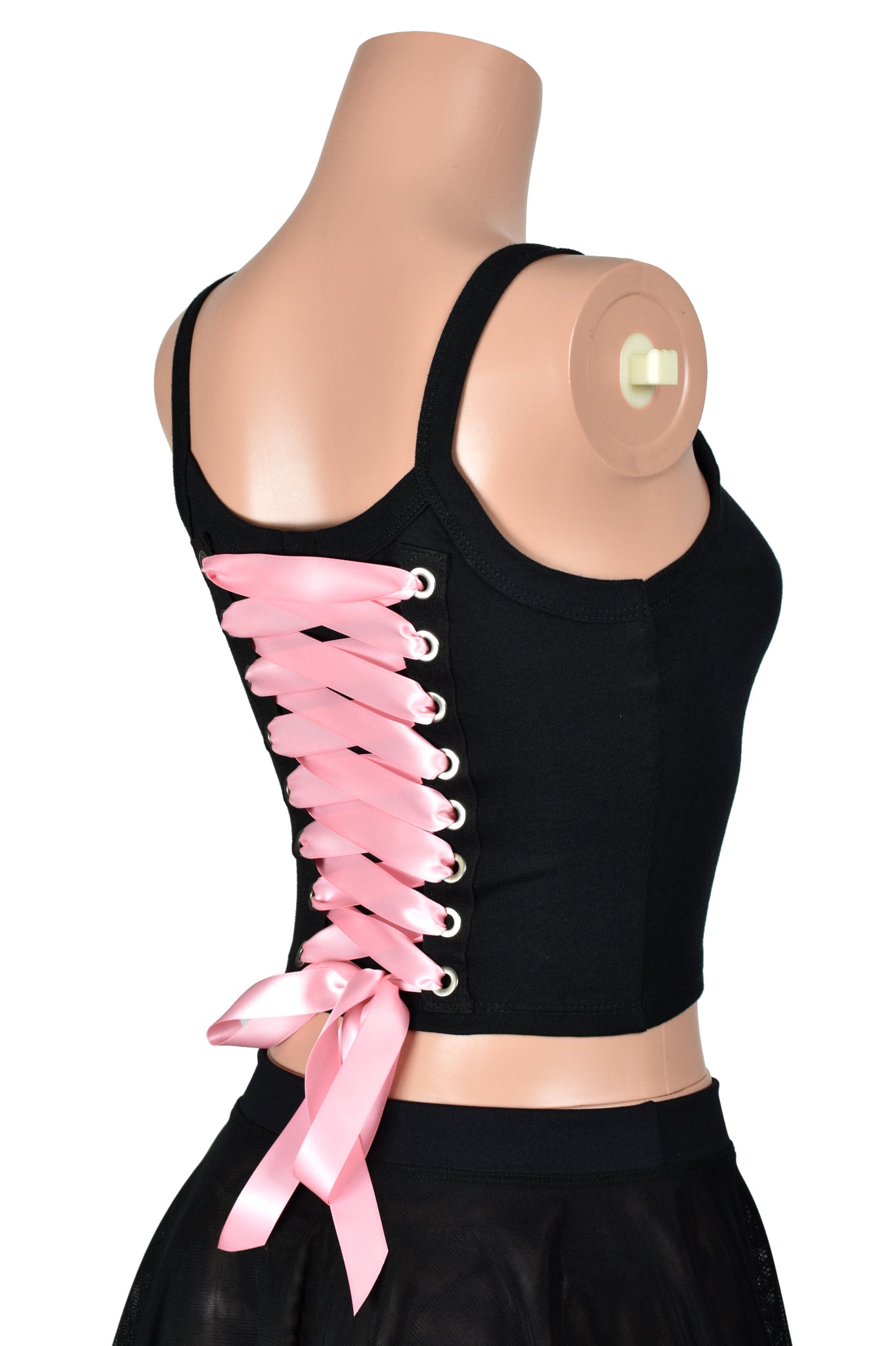 Black and Light Pink Lace-Up Back Grommet Cropped Tank Top