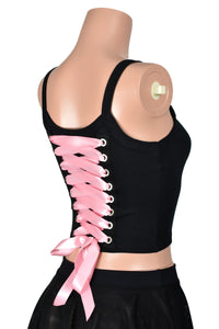 Black and Light Pink Lace-Up Back Grommet Cropped Tank Top