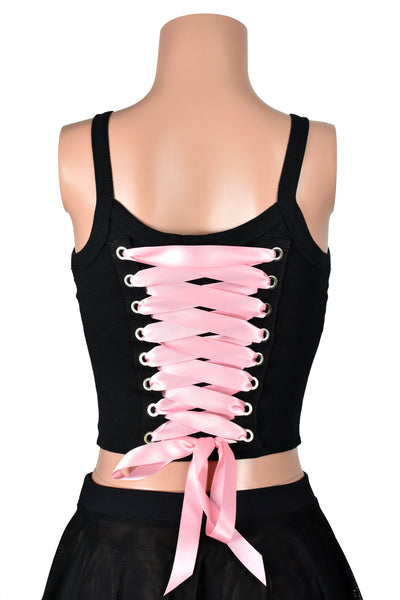 Black and Light Pink Lace-Up Back Grommet Cropped Tank Top