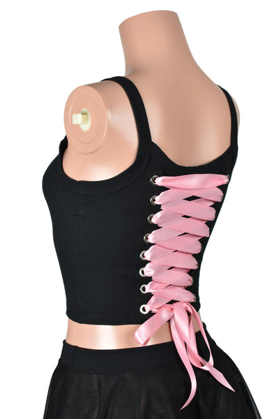 Black and Light Pink Lace-Up Back Grommet Cropped Tank Top