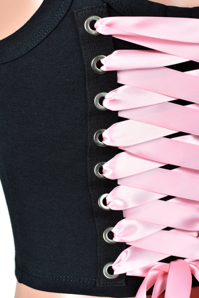 Black and Light Pink Lace-Up Back Grommet Cropped Tank Top