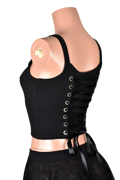 Black Lace-Up Back Grommet Cropped Tank Top
