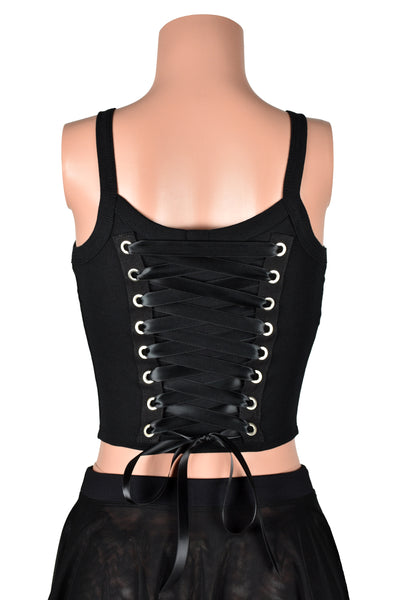 Black Lace-Up Back Grommet Cropped Tank Top