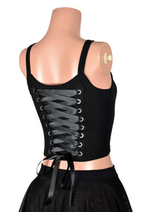 Black Lace-Up Back Grommet Cropped Tank Top