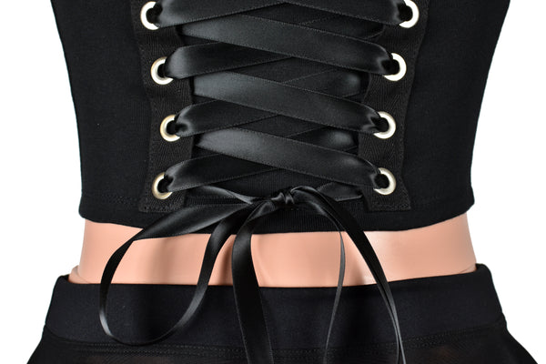Black Lace-Up Back Grommet Cropped Tank Top
