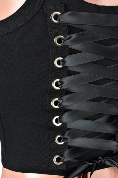 Black Lace-Up Back Grommet Cropped Tank Top