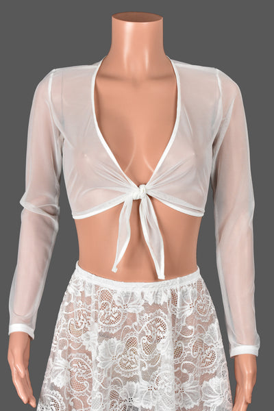 White Mesh Tie-Front Longsleeve Crop Top