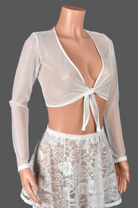 White Mesh Tie-Front Longsleeve Crop Top