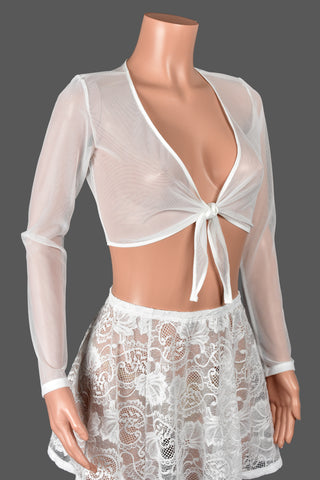 White Mesh Tie-Front Longsleeve Crop Top