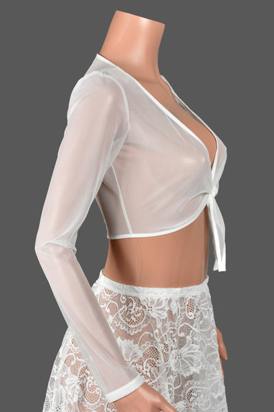 White Mesh Tie-Front Longsleeve Crop Top