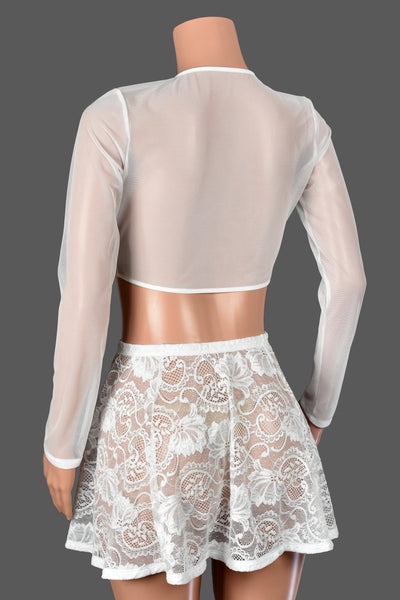 White Mesh Tie-Front Longsleeve Crop Top