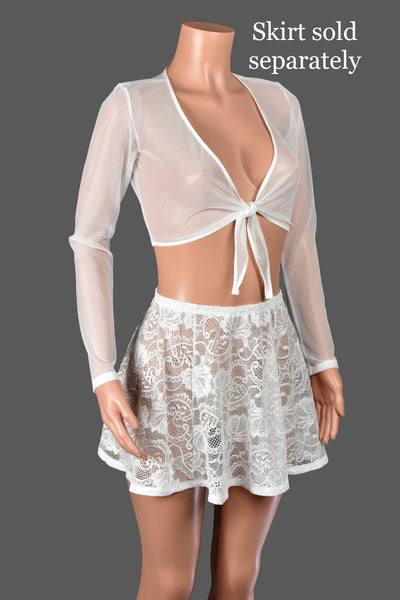 White Mesh Tie-Front Longsleeve Crop Top