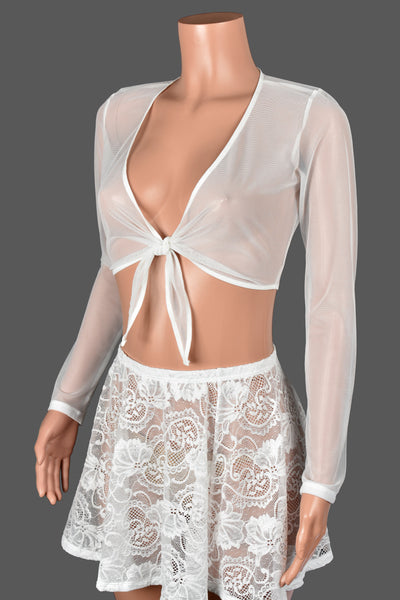 White Mesh Tie-Front Longsleeve Crop Top