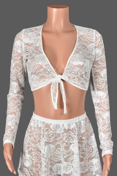 White Lace Tie-Front Longsleeve Crop Top