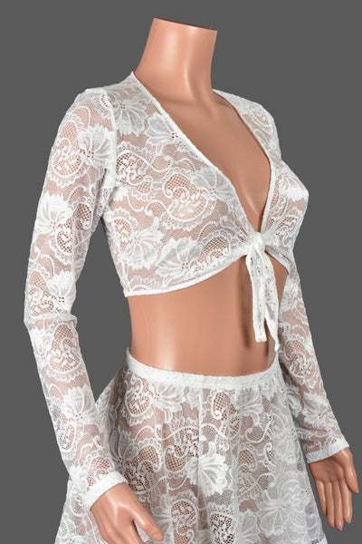 White Lace Tie-Front Longsleeve Crop Top
