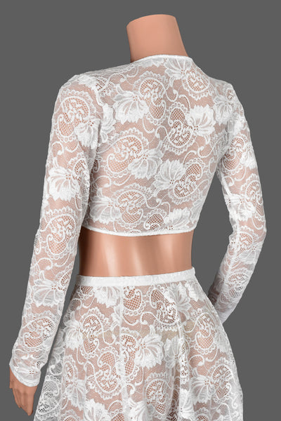 White Lace Tie-Front Longsleeve Crop Top
