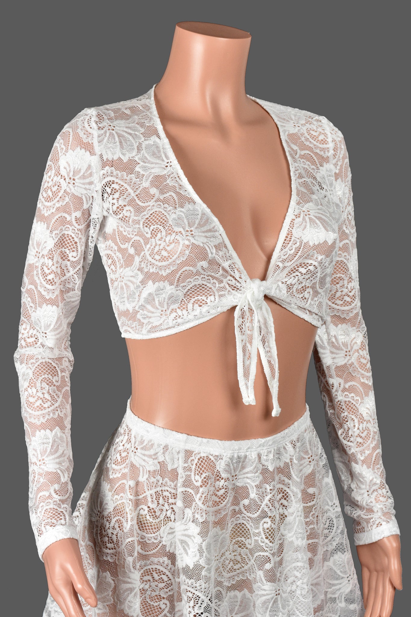 White Lace Tie-Front Longsleeve Crop Top