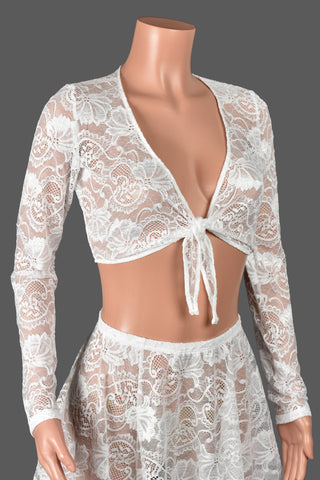 White Lace Tie-Front Longsleeve Crop Top