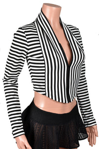 Mannequin wearing Black and White Stripe Zip Front Cropped Sweater. Stripes are about 1/4 inch wide and sweater has a v-shaped hem in front. 