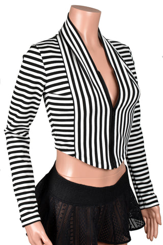 Mannequin wearing Black and White Stripe Zip Front Cropped Sweater. Stripes are about 1/4 inch wide and sweater has a v-shaped hem in front. 