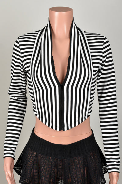 Black and White Stripe Zip Front Cropped Sweater