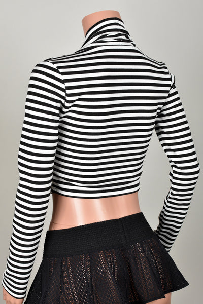 Black and White Stripe Zip Front Cropped Sweater