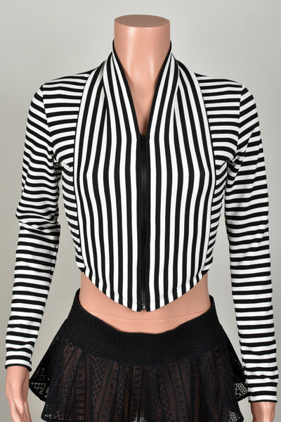 Black and White Stripe Zip Front Cropped Sweater
