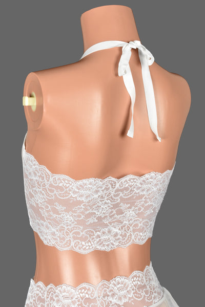 White Mesh and Lace Bandeau Halter Top
