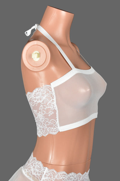 White Mesh and Lace Bandeau Halter Top